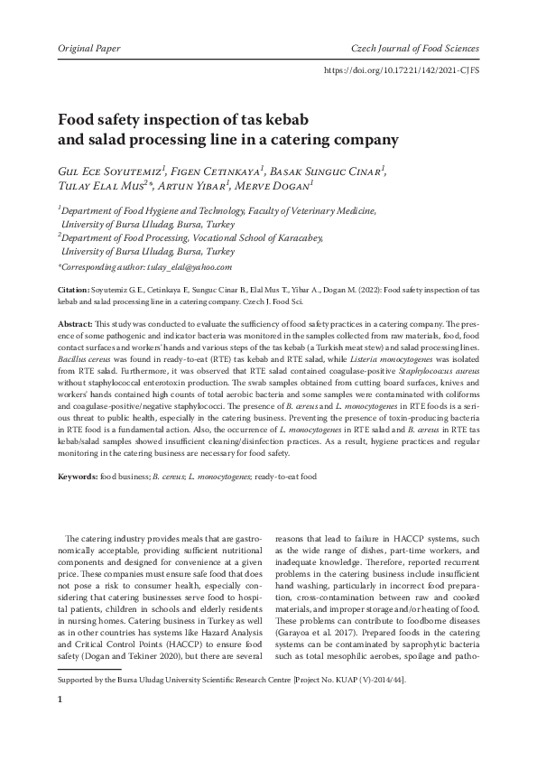 (PDF) Food safety inspection of tas kebab and salad processing line in ...