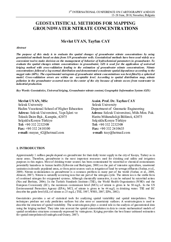 (PDF) Geostatistical Methods for Mapping Groundwater Nitrate Concentrations