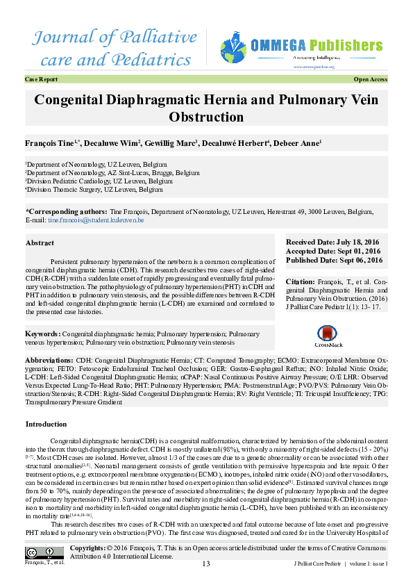 (PDF) Congenital Diaphragmatic Hernia and Pulmonary Vein Obstruction