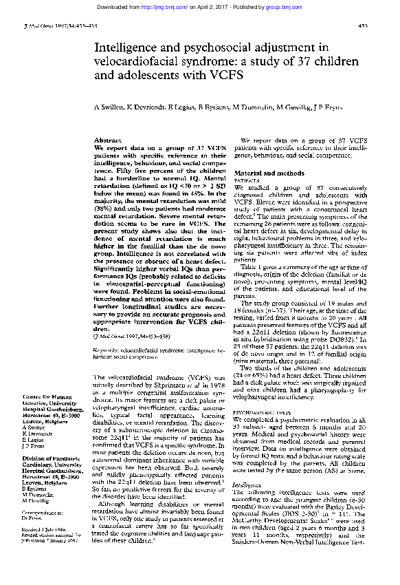 (PDF) Intelligence and psychosocial adjustment in velocardiofacial ...
