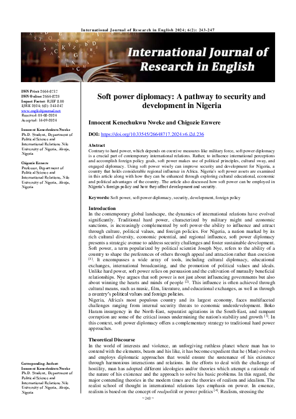 (PDF) Soft power diplomacy: A pathway to security and development in ...