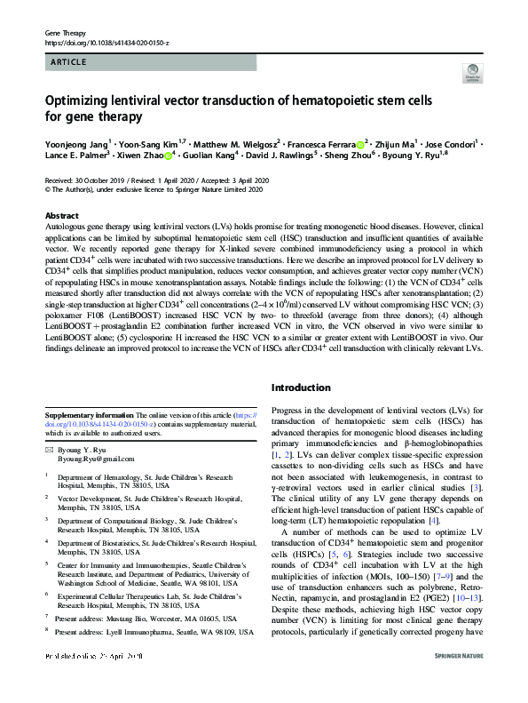 (PDF) Optimizing lentiviral vector transduction of hematopoietic stem ...
