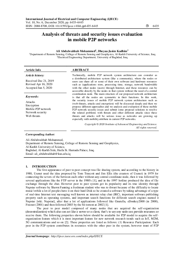 (PDF) Analysis of threats and security issues evaluation in mobile P2P ...