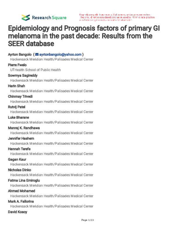 (PDF) Epidemiology And Prognosis Factors Of Primary GI Melanoma In The ...