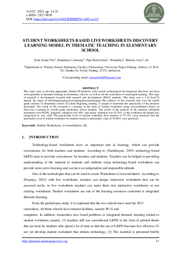 (PDF) Student Worksheets Based Liveworksheets Discovery Learning Model ...