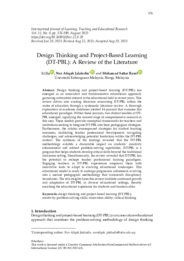 (PDF) Design Thinking and Project-Based Learning (DT-PBL): A Review of ...