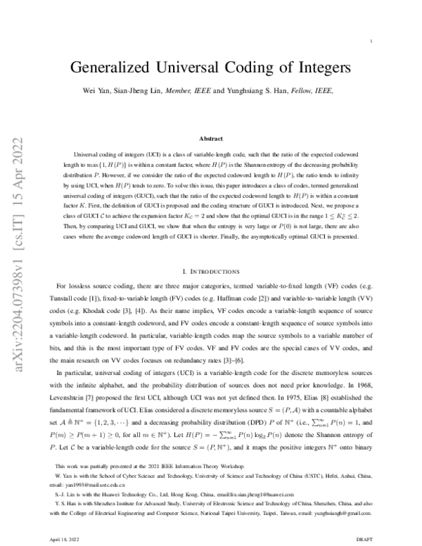 (PDF) Generalized Universal Coding of Integers