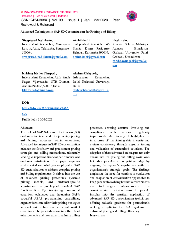 (PDF) Advanced Techniques in SAP SD Customization for Pricing and Billing