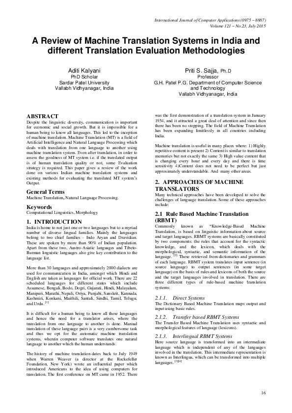 (PDF) A Review of Machine Translation Systems in India and different ...