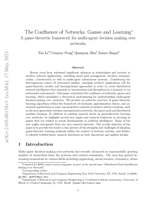 (PDF) The Confluence of Networks, Games and Learning