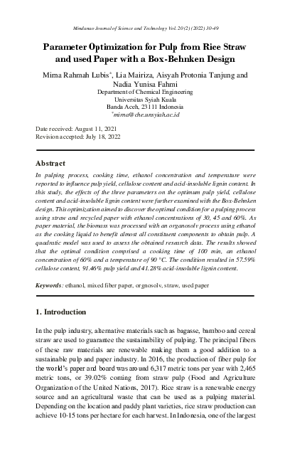 (PDF) Parameter Optimization for Pulp from Rice Straw and used Paper ...