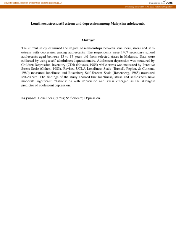 (PDF) Loneliness, stress, self esteem and depression among Malaysian ...