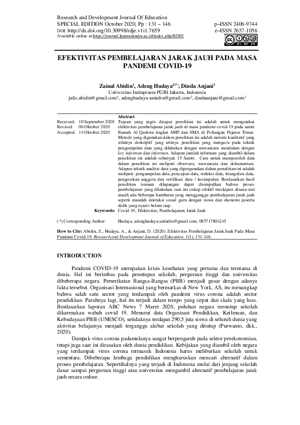 (PDF) Efektivitas Pembelajaran Jarak Jauh Pada Masa Pandemi COVID-19