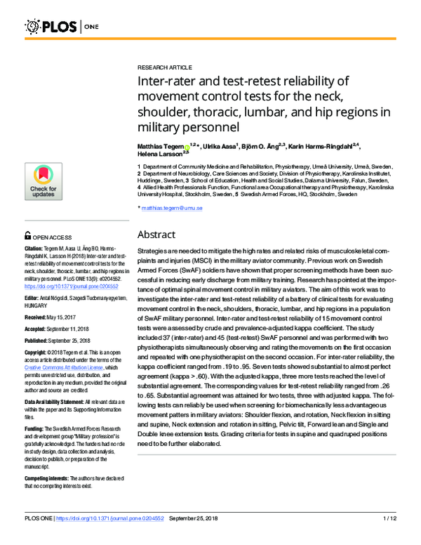 (PDF) Inter-rater and test-retest reliability of movement control tests ...