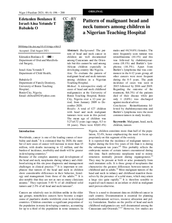 (PDF) Pattern of malignant head and neck tumors among children in a ...