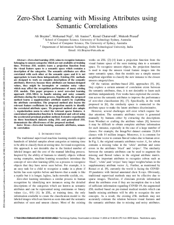 (PDF) Zero-Shot Learning with Missing Attributes using Semantic ...