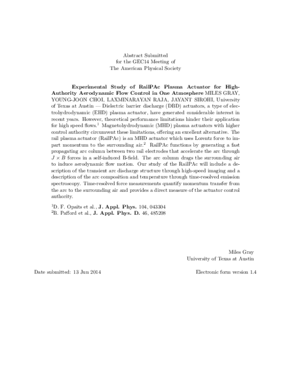 (PDF) Experimental Study of RailPAc Plasma Actuator for High-Authority ...