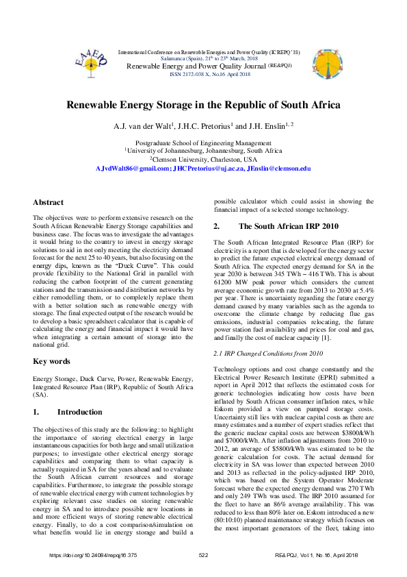(PDF) Renewable Energy Storage in the Republic of South Africa