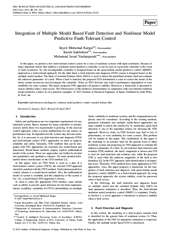 (PDF) Integration of multiple model based fault detection and nonlinear ...