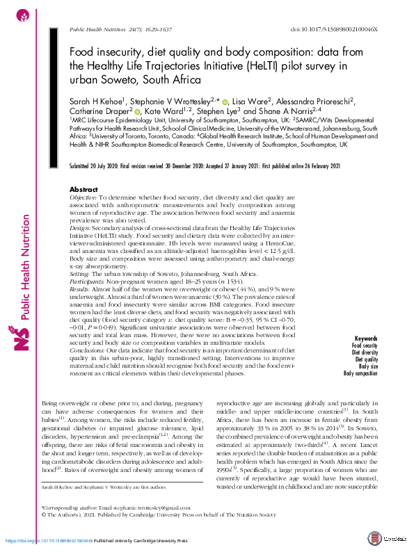 (PDF) Food insecurity, diet quality and body composition: data from the ...