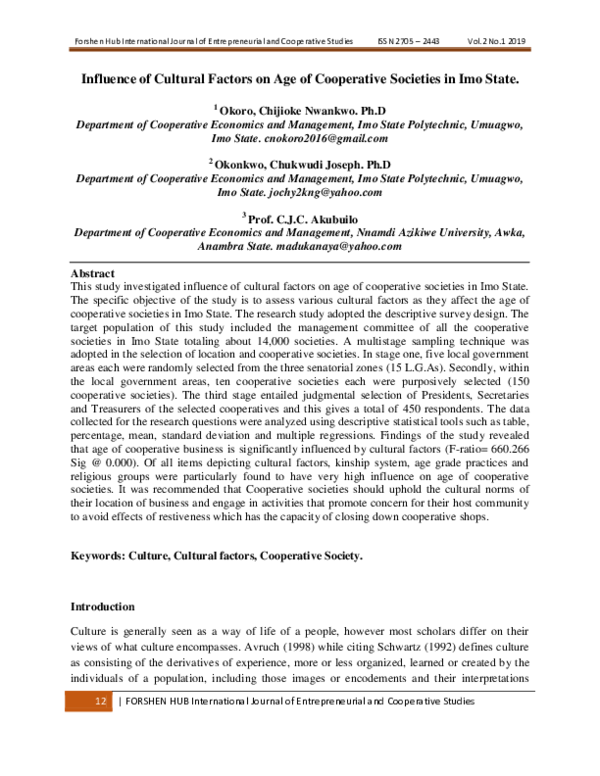 (PDF) Influence of Cultural Factors on Age of Cooperative in Imo State