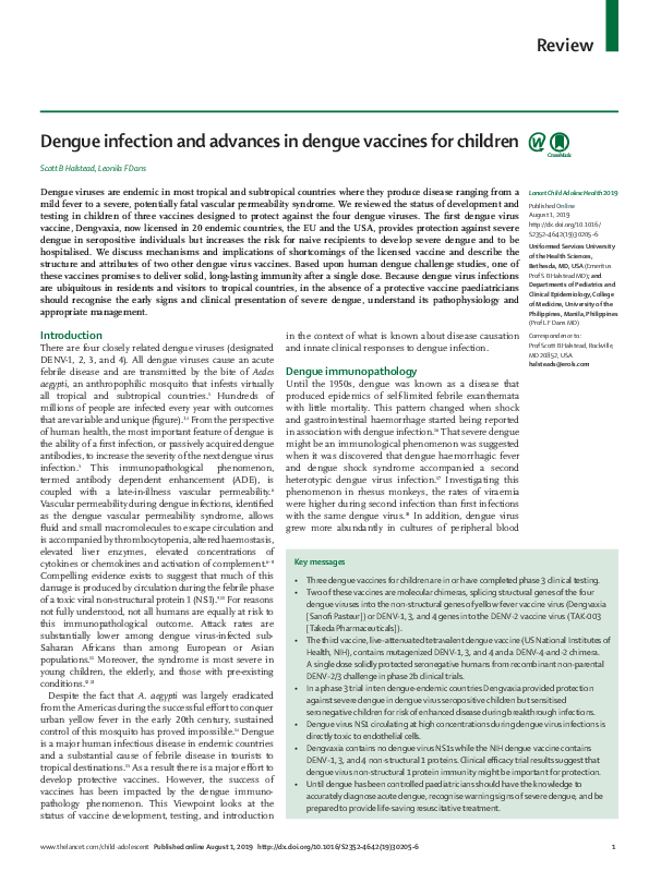 (PDF) Dengue infection and advances in dengue vaccines for children