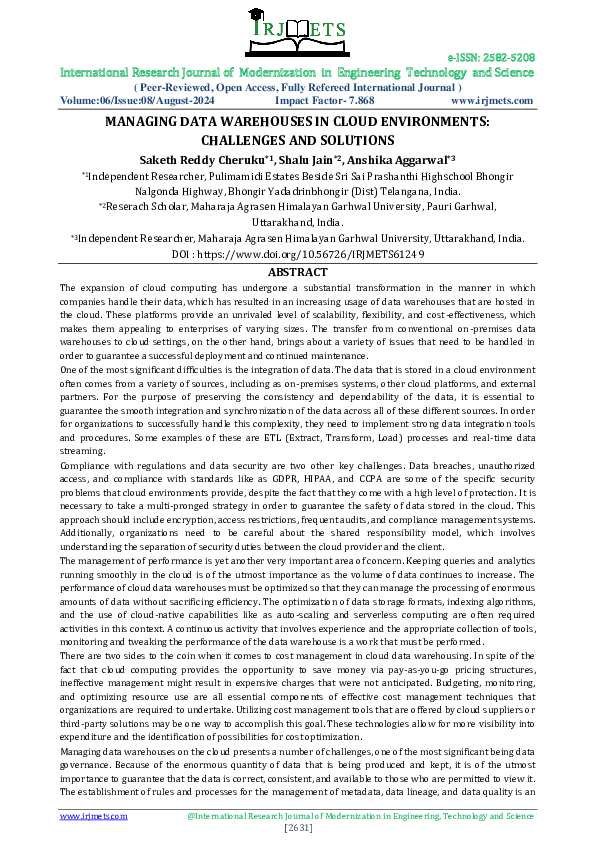 (PDF) MANAGING DATA WAREHOUSES IN CLOUD ENVIRONMENTS: CHALLENGES AND ...