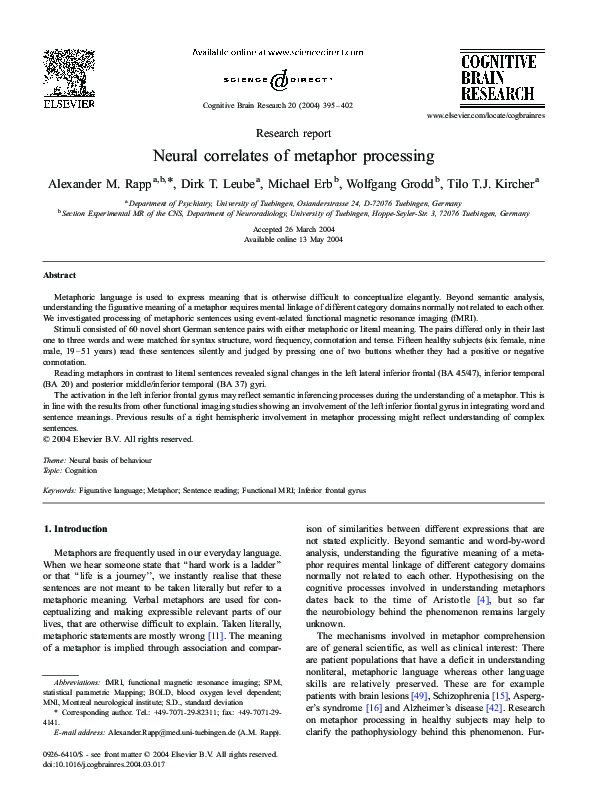 (PDF) Neural correlates of metaphor processing