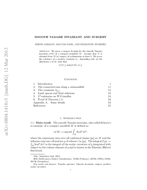 (PDF) Smooth Yamabe invariant and surgery