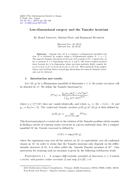 (PDF) Low-dimensional surgery and the Yamabe invariant