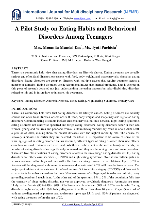 (PDF) A Pilot Study on Eating Habits and Behavioral Disorders among ...