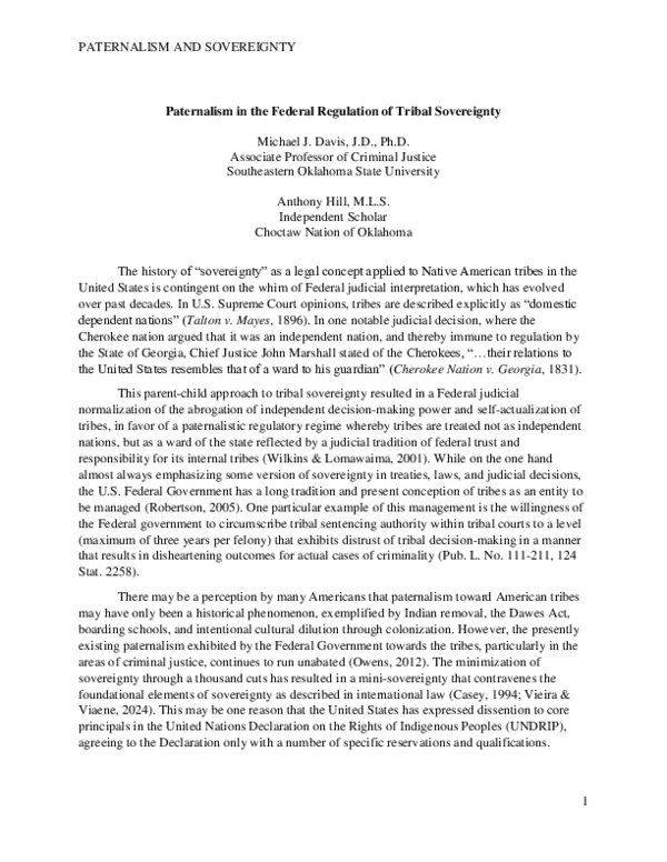(PDF) Paternalism in the Federal Regulation of Tribal Sovereignty