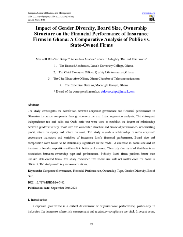 (PDF) Impact of Gender Diversity, Board Size, Ownership Structure on ...