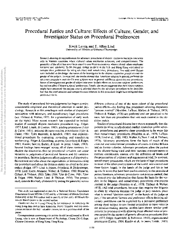 (PDF) Procedural justice and culture: Effects of culture, gender, and ...