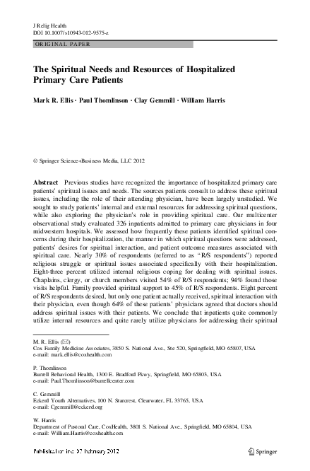 (PDF) The Spiritual Needs and Resources of Hospitalized Primary Care ...