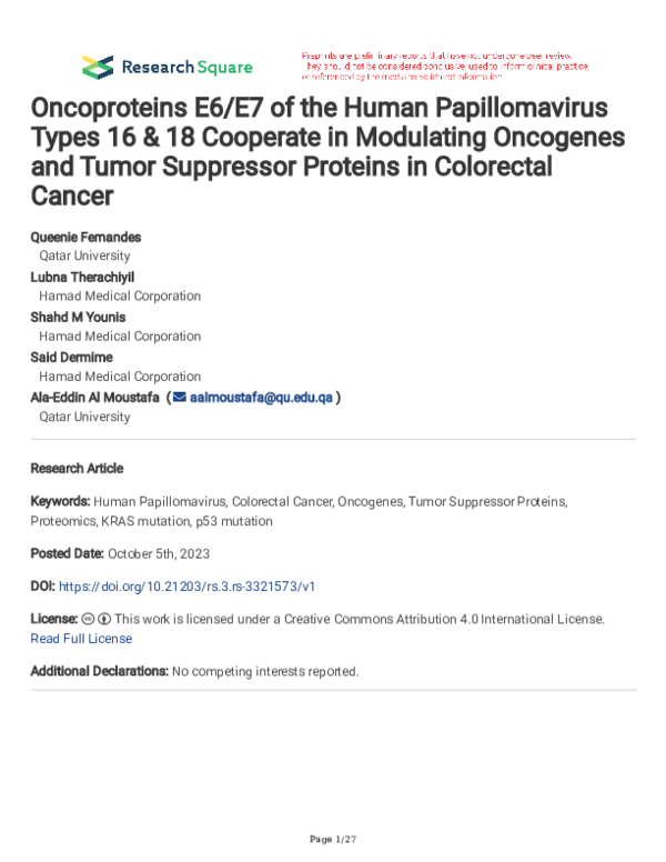 (PDF) Oncoproteins E6/E7 of the Human Papillomavirus Types 16 & 18 ...