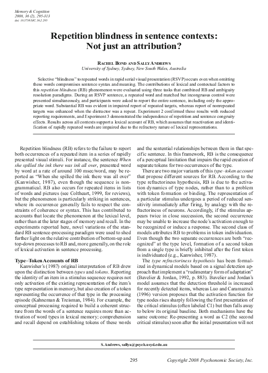 (PDF) Repetition blindness in sentence contexts: Not just an attribution?