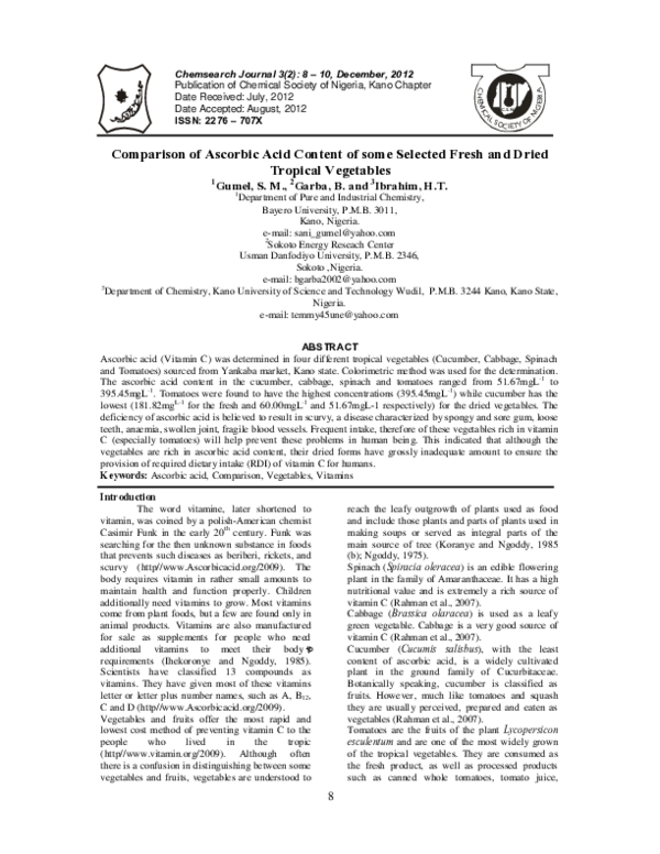 (PDF) Comparison of ascorbic acid content of some selected fresh and ...