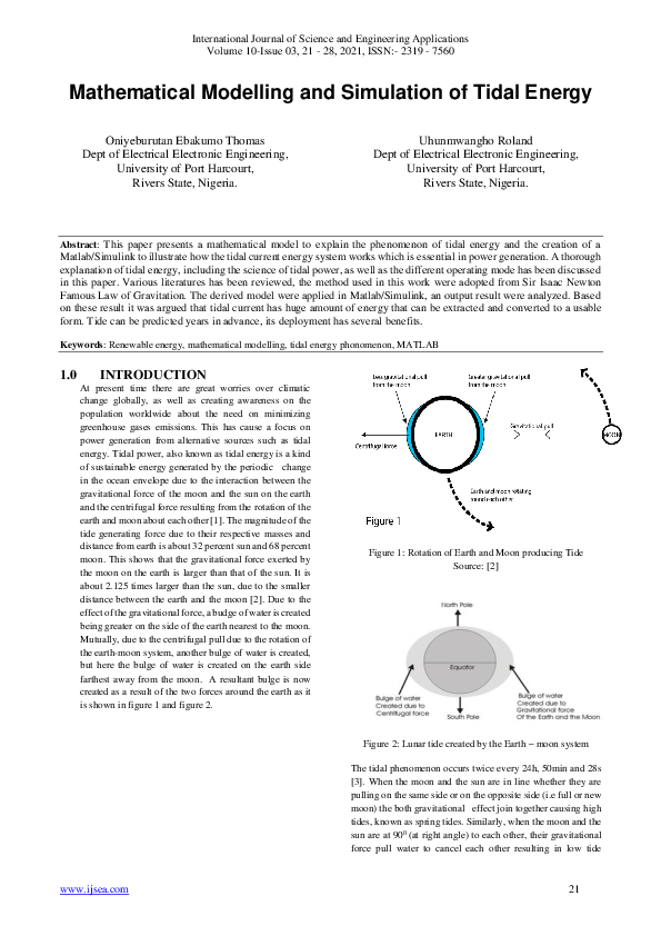 (PDF) Mathematical Modelling and Simulation of Tidal Energy