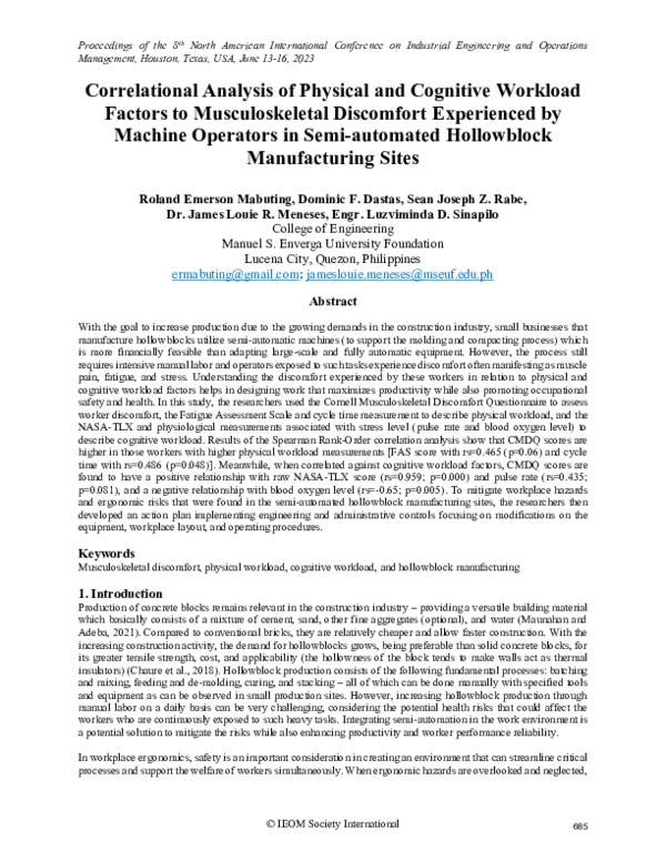 (PDF) Correlational Analysis of Physical and Cognitive Workload Factors ...