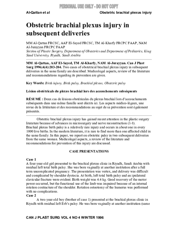 (PDF) Obstetric Brachial Plexus Injury in Subsequent Deliveries