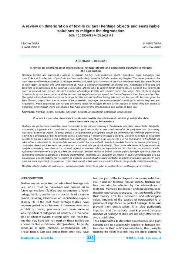 (PDF) A review on deterioration of textile cultural heritage objects ...