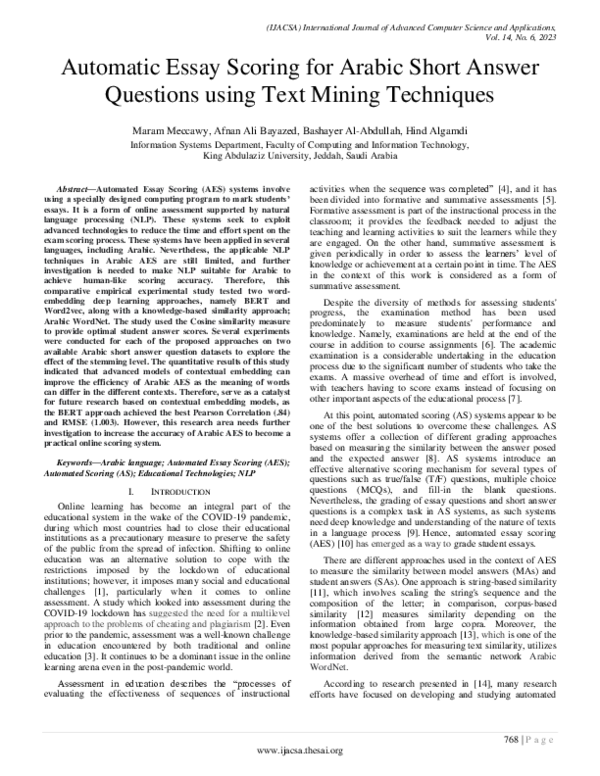 (PDF) Automatic Essay Scoring for Arabic Short Answer Questions using ...