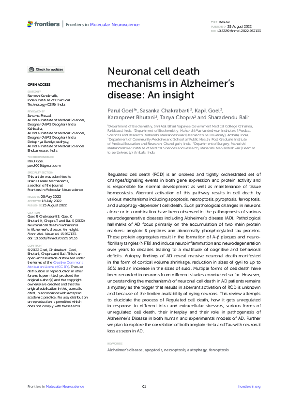 (PDF) Neuronal cell death mechanisms in Alzheimer’s disease: An insight