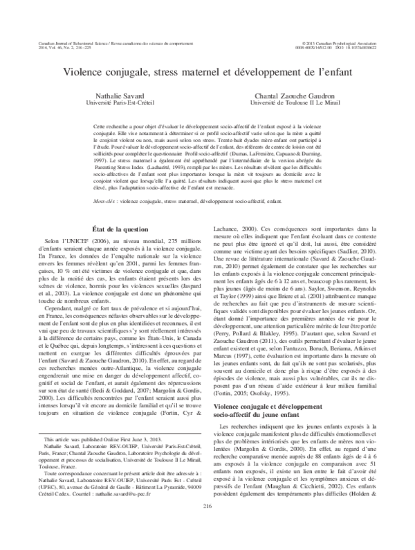 (PDF) Violence conjugale, stress maternel et développement de l’enfant