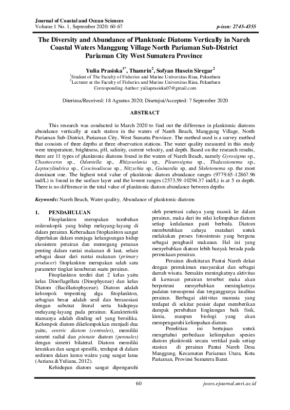 (PDF) The Diversity and Abundance of Planktonic Diatoms Vertically in ...