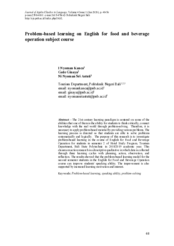 (PDF) Problem-based learning on English for food and beverage operation ...