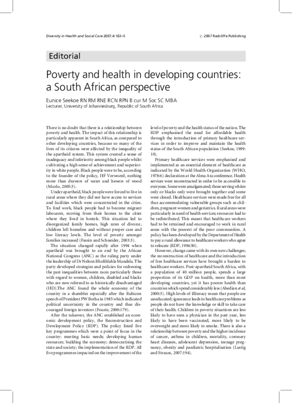 (PDF) Poverty and health in developing countries: a South African ...