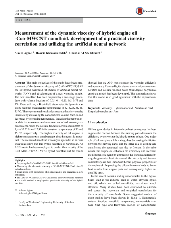 (PDF) Measurement of the dynamic viscosity of hybrid engine oil -Cuo ...