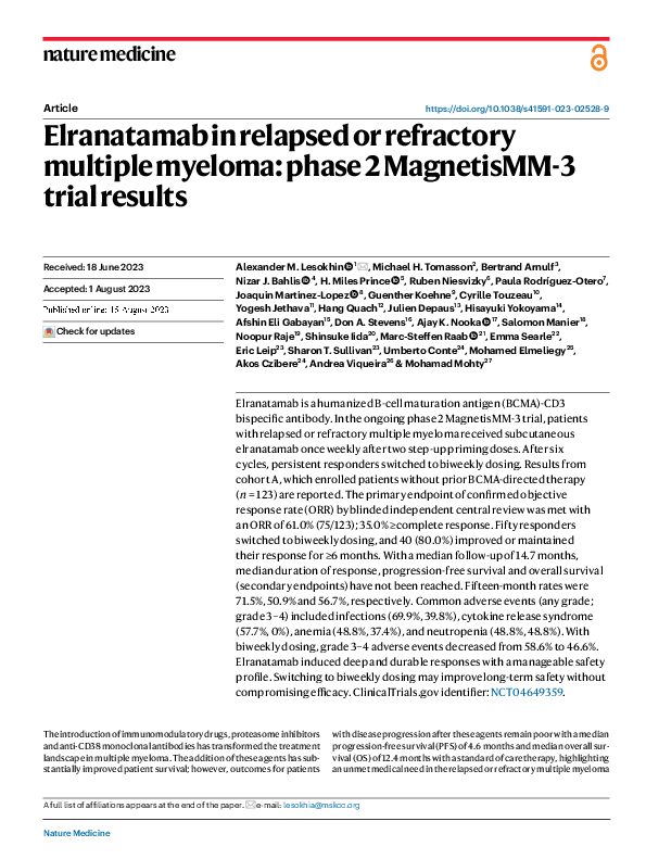 (PDF) Elranatamab in relapsed or refractory multiple myeloma: phase 2 ...